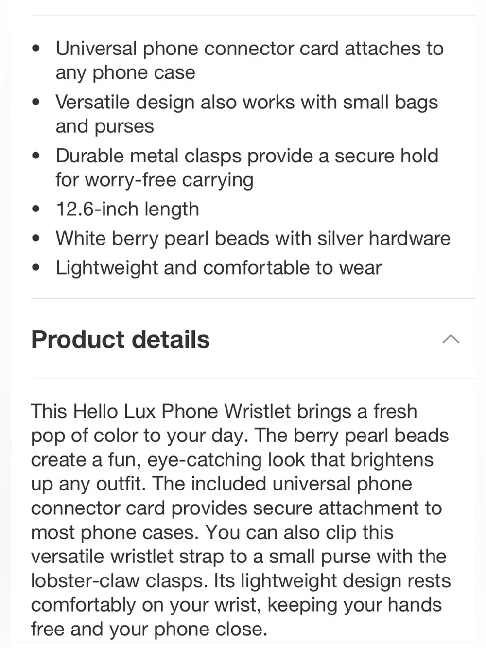 NIB White Beaded Phone Wrist Strap with Silver Clasp